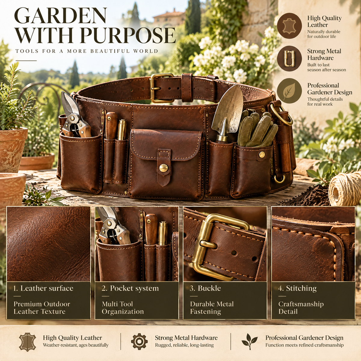 meravorn™ Leather Garden Tool Belt
